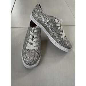 Kate Spade New York Lace Up Sneakers Leather Silver Glitter NWOB